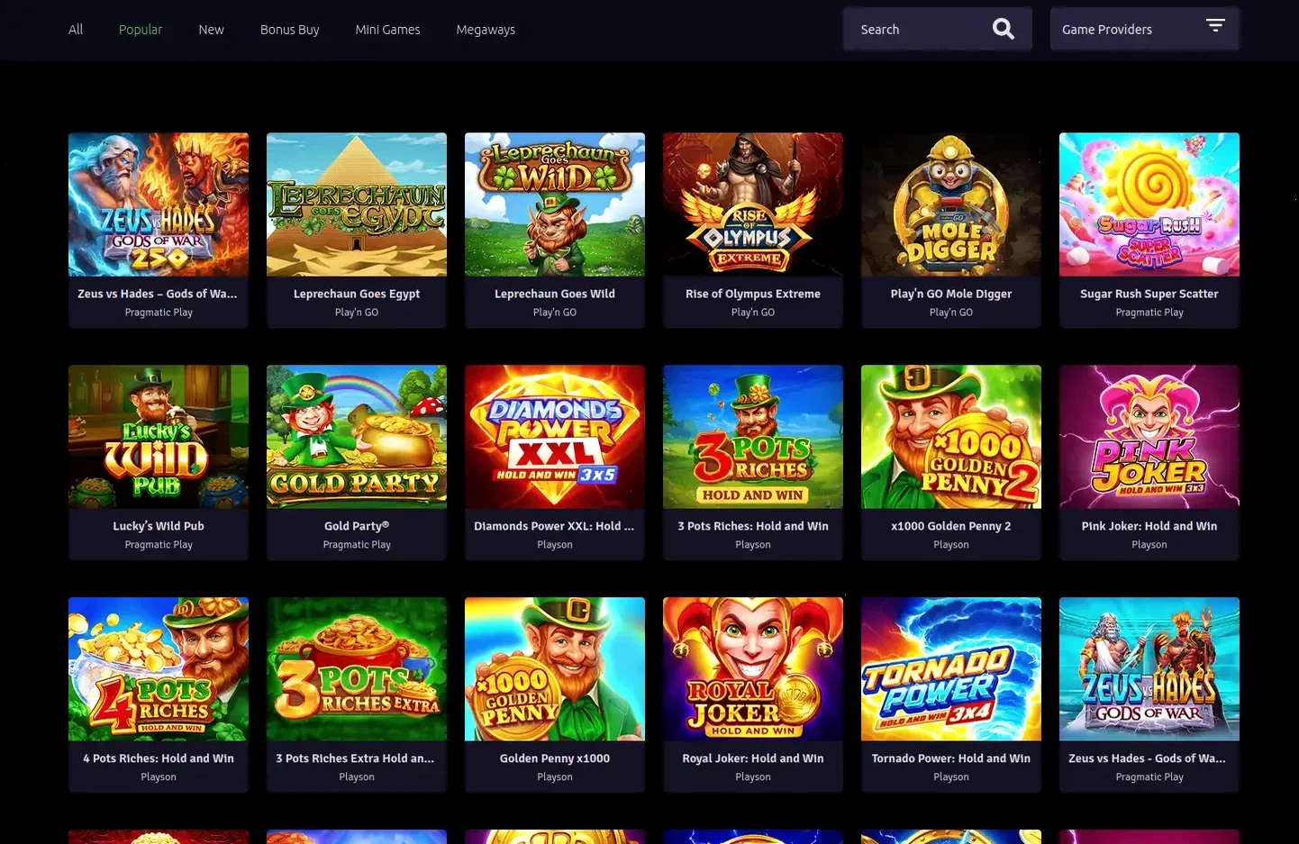 Каталог игр и интерфейс казино Биноби